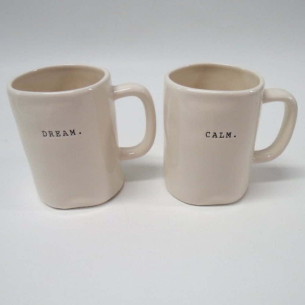 Rae Dunn Set of 2 Coffee Cups Tea Mugs Type Writer Font Dream + Calm